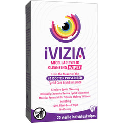 iVIZIA eyelid cleansing wipes packaging shows sterile single-use for on-the-go comfort.