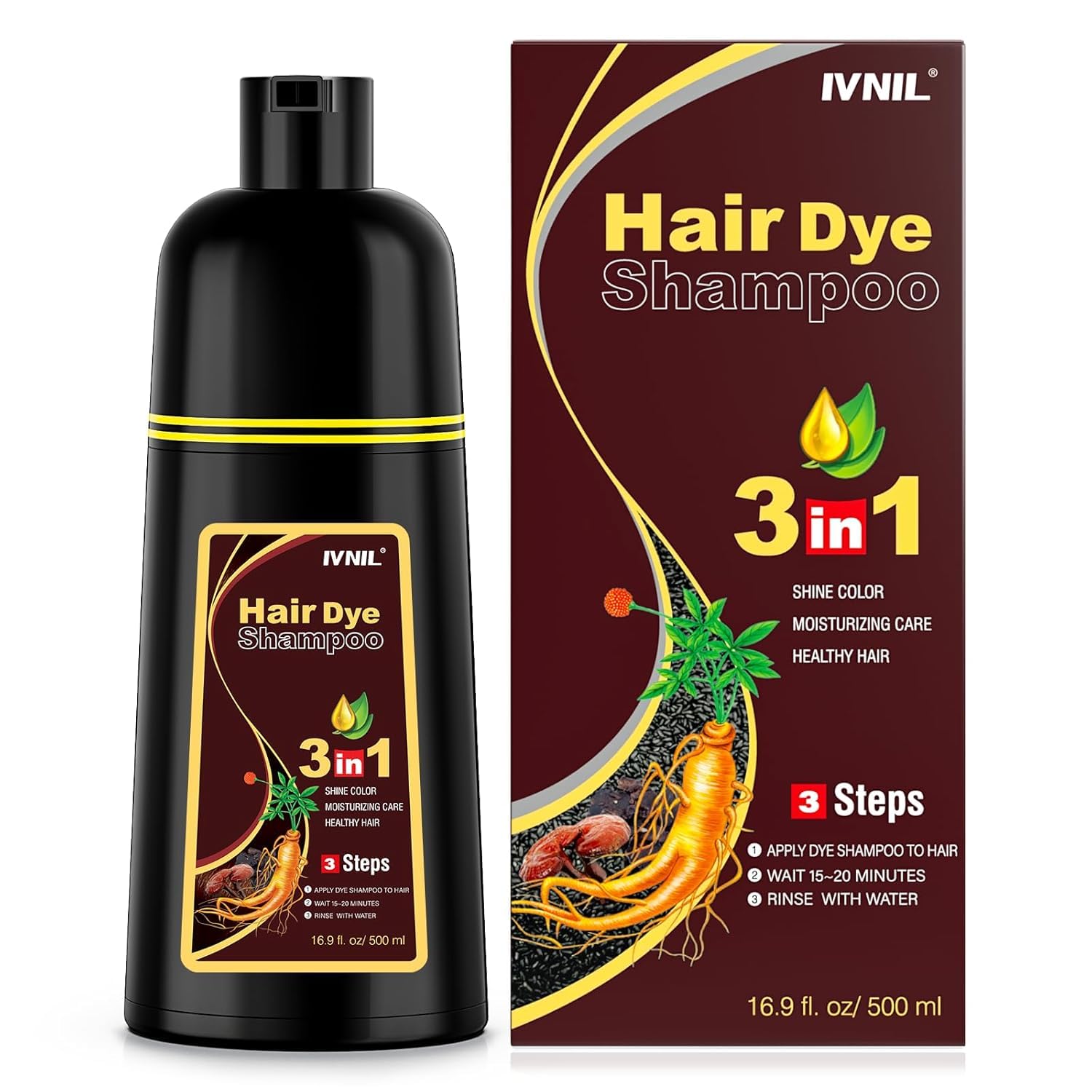 Ivnil Brown Hair Dye Shampoo showing gray hair coverage for a refreshed look
