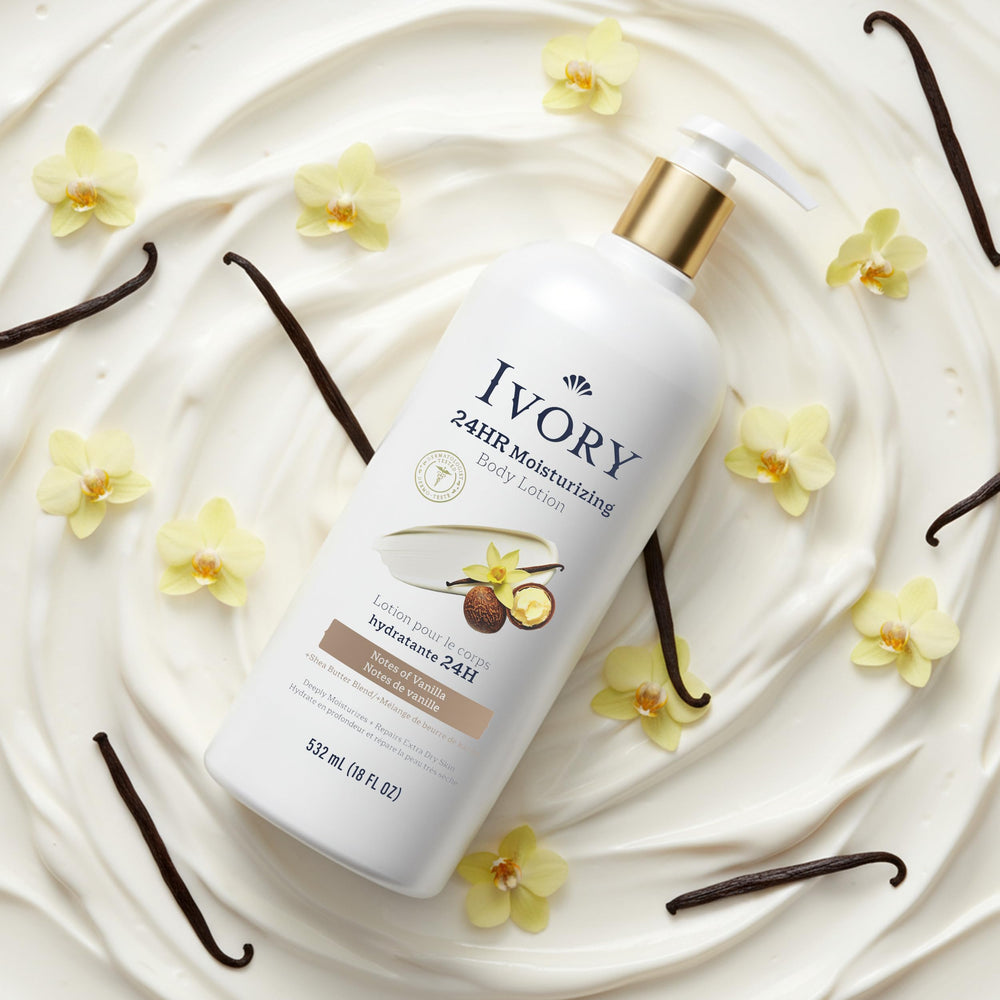 Ivory hand and body lotion pump bottle demonstrating long-lasting hydration.