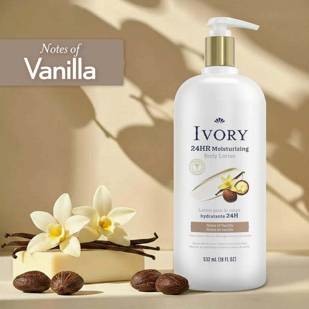 Ivory hand and body lotion with shea butter blend showing creamy texture.