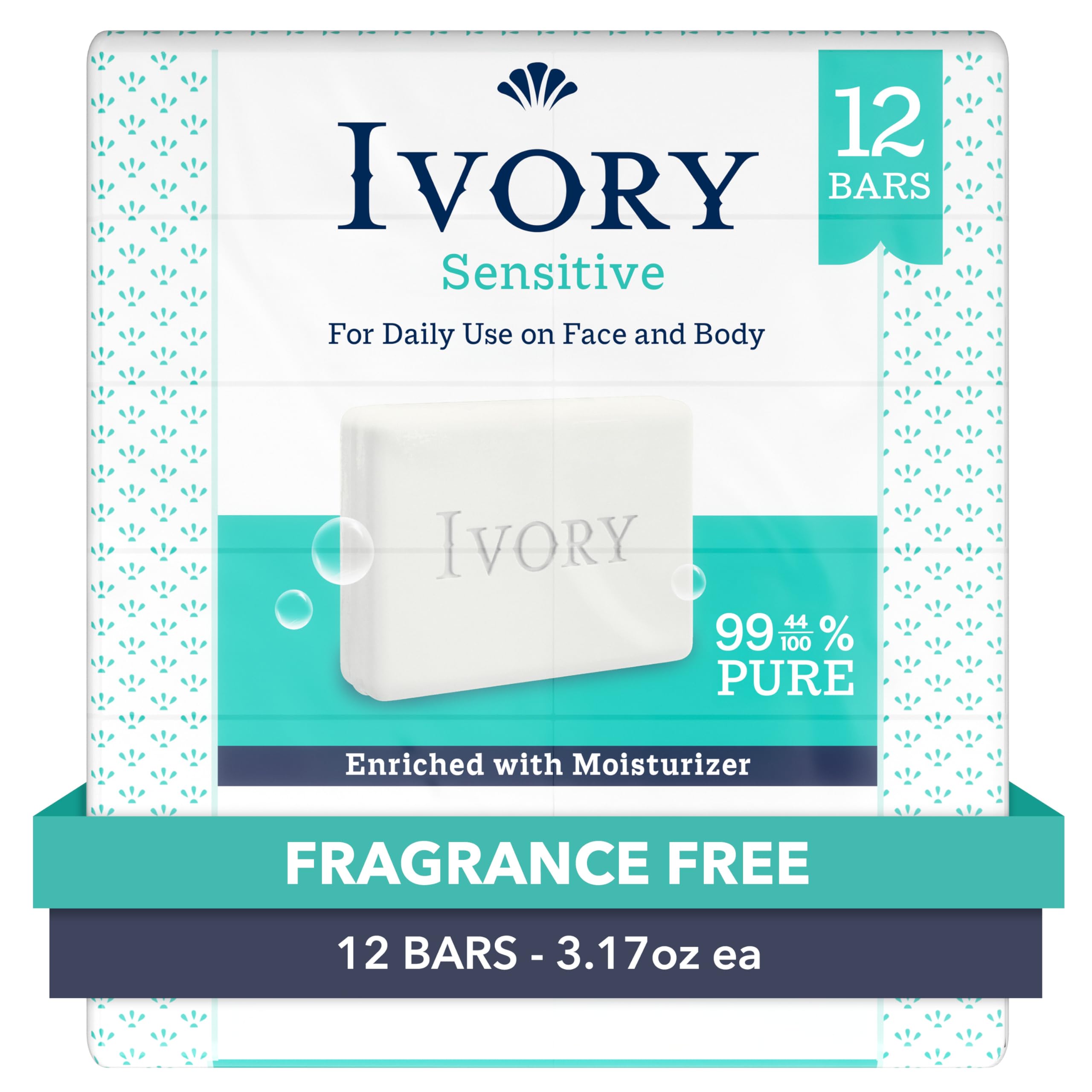 Ivory Sensitive Bar Soap packaging showing fragrance-free formula for family use