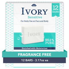 Ivory Sensitive Bar Soap packaging showing fragrance-free formula for family use