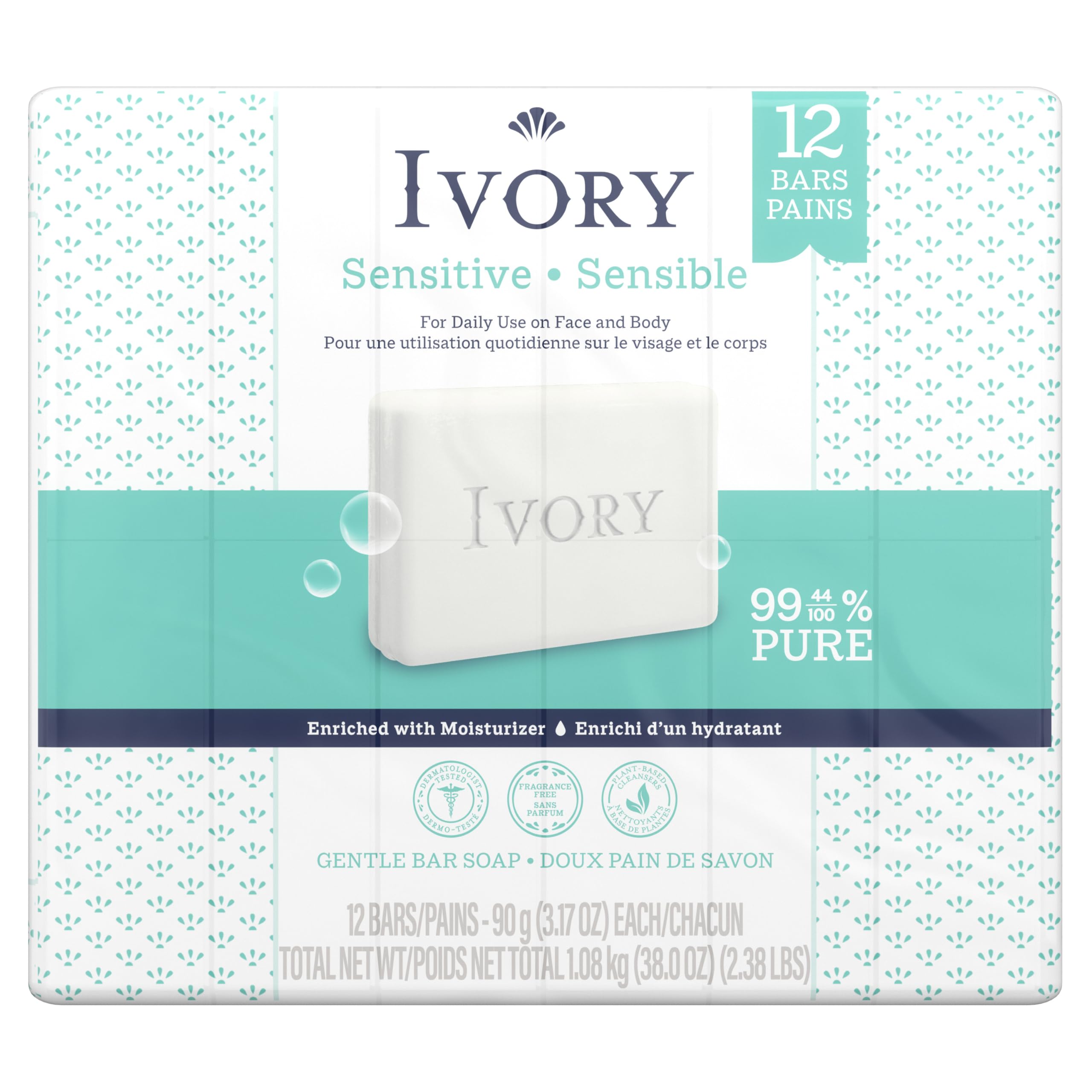 Ivory Sensitive Bar Soap highlights pure, gentle cleansing formula