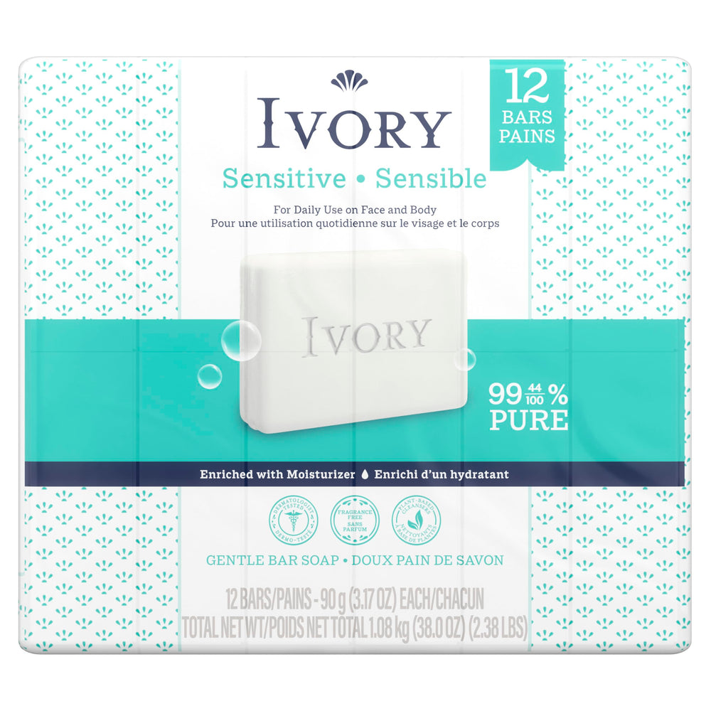 Ivory Sensitive Bar Soap highlights pure, gentle cleansing formula