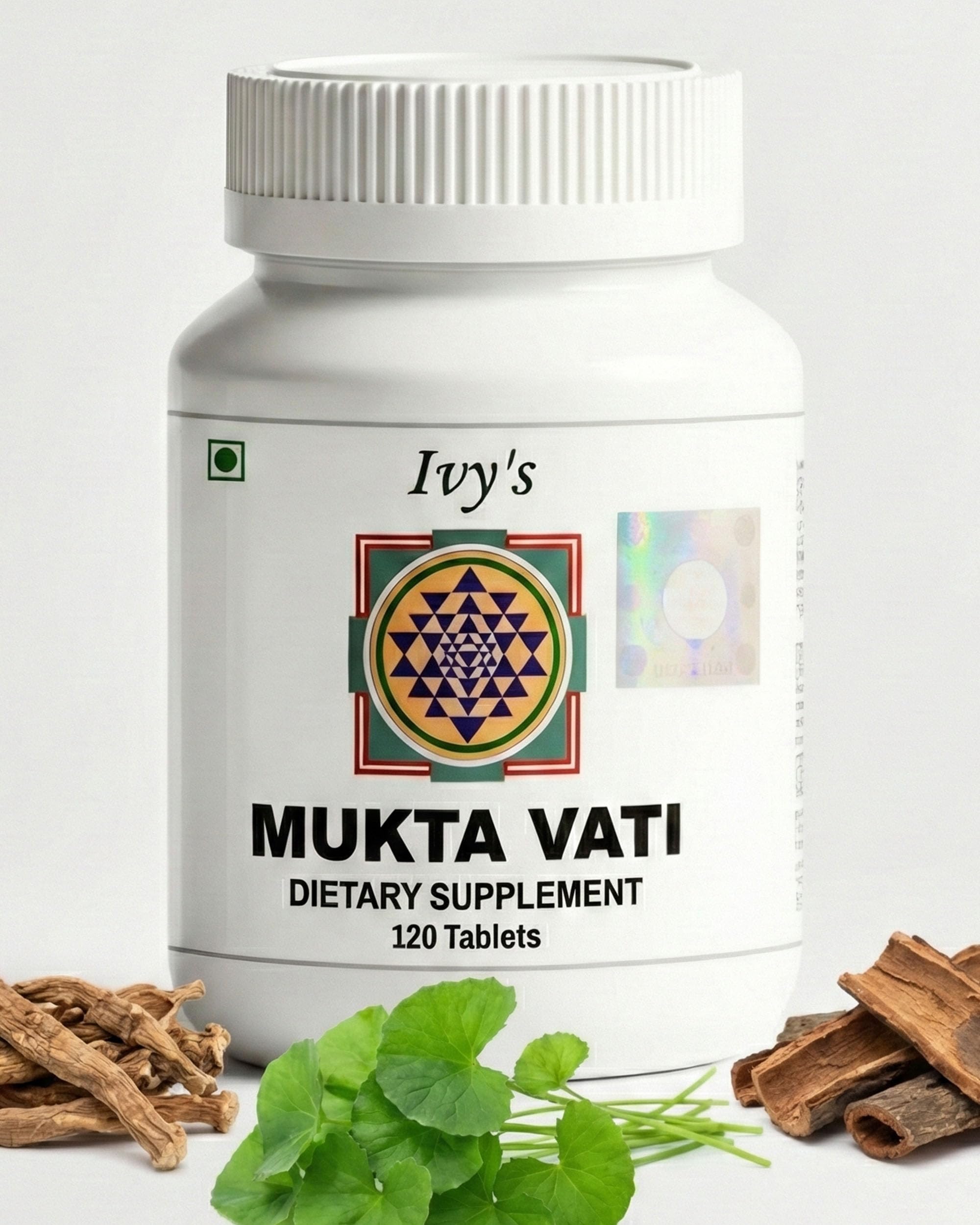 Ivy's Mukta Vati bottle close-up showing tablet details for daily use