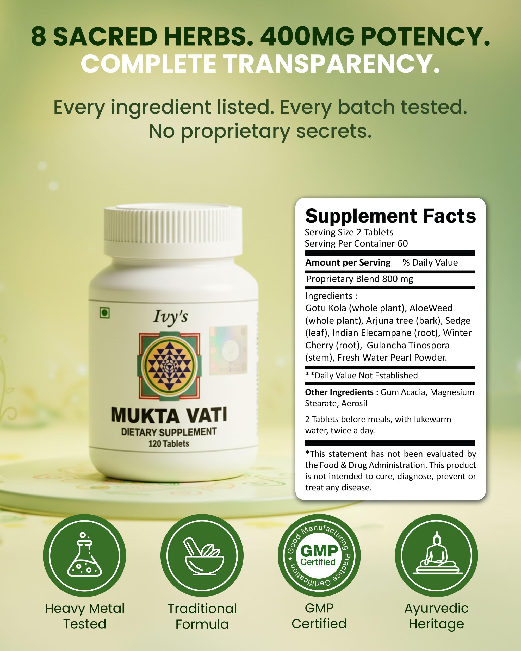 Ivy's Mukta Vati label highlights ingredients and quality