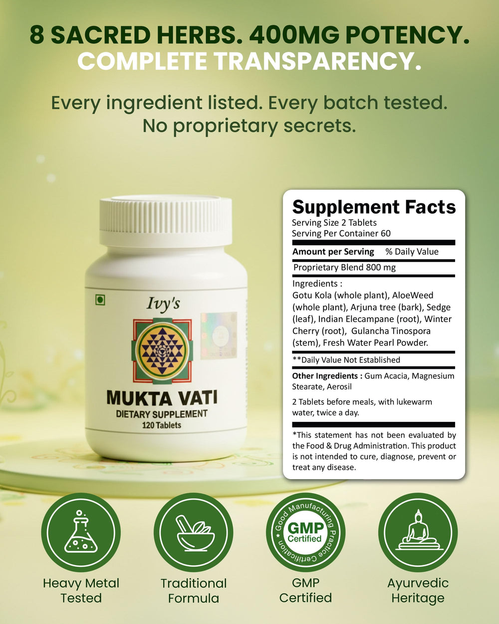 Ivy's Mukta Vati label highlights ingredients and quality