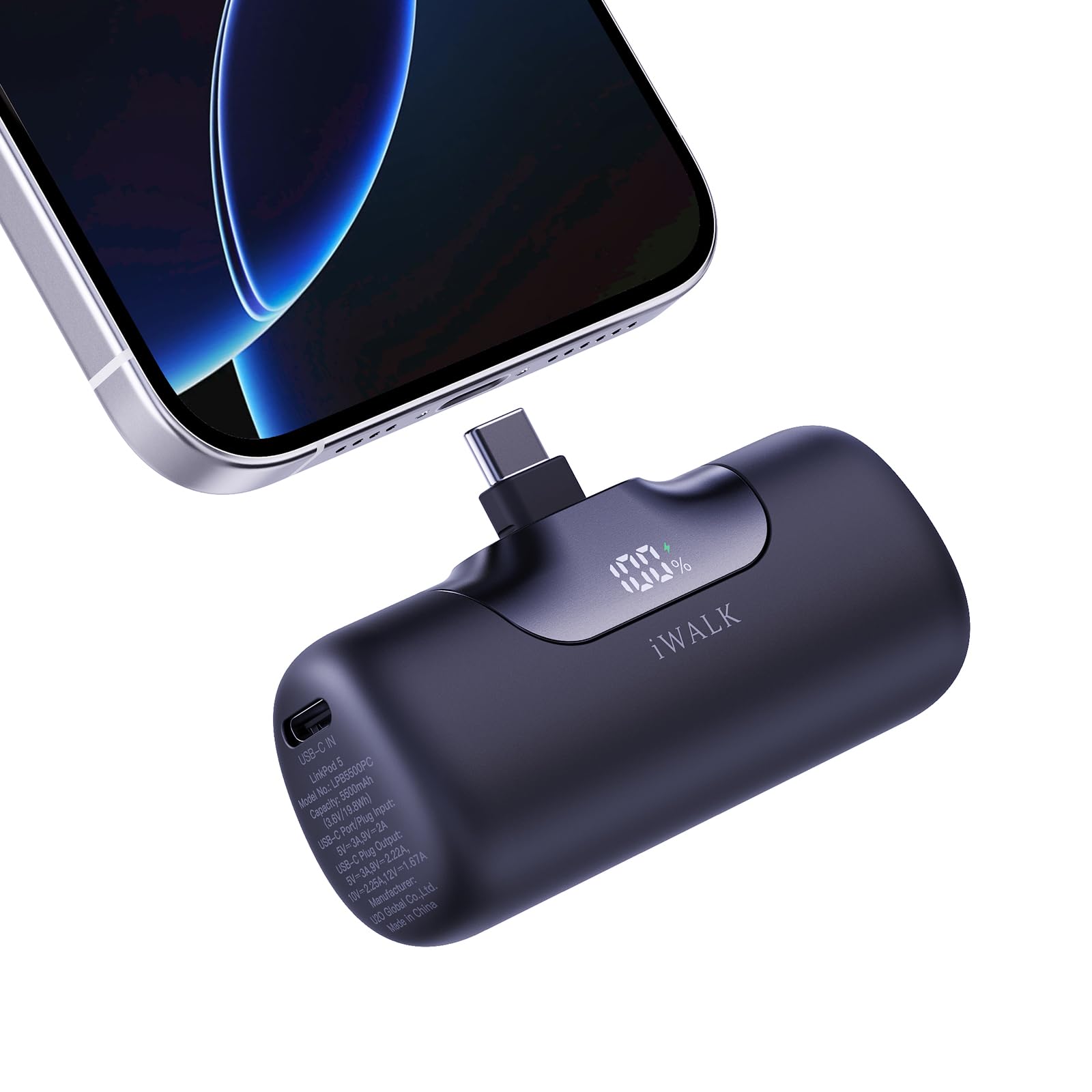 iWALK 5500mAh power bank front view showing capacity display for on-the-go charging.
