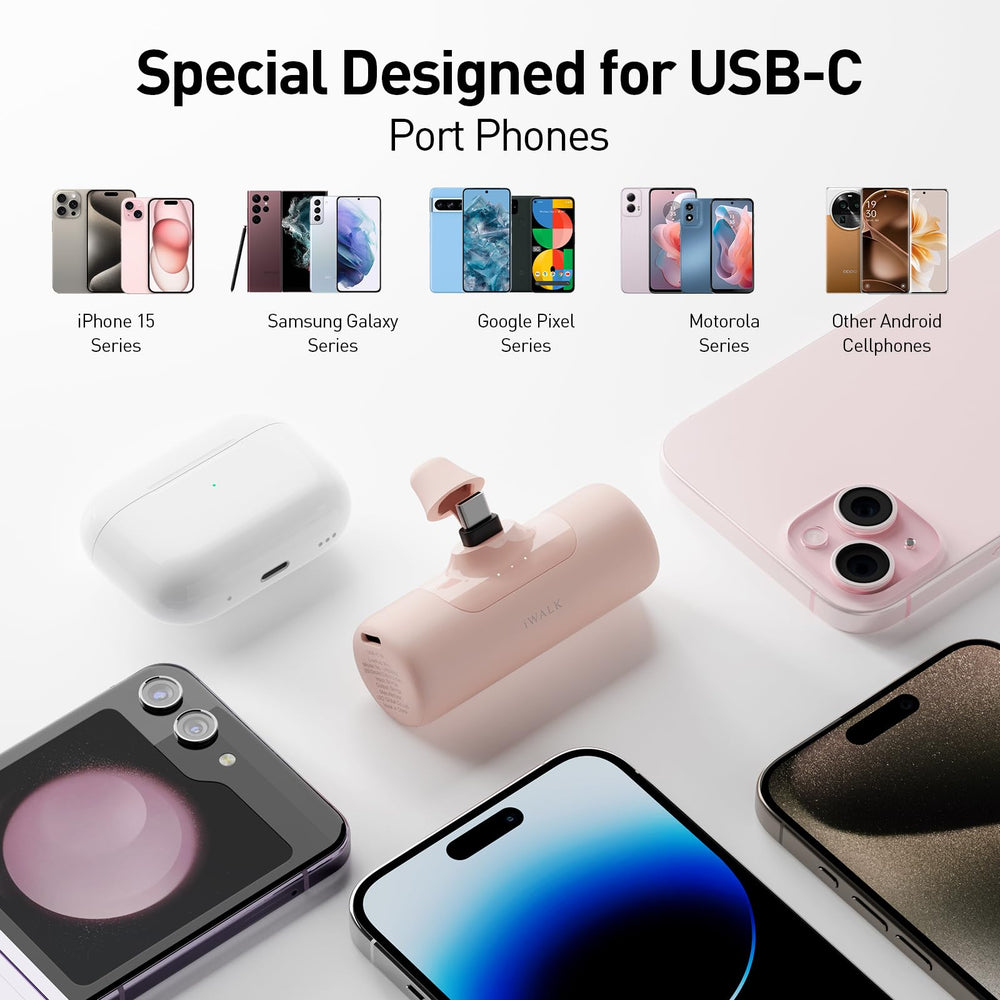 iWALK pink portable charger side view highlighting compact design.