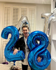 IWERP blue foil balloon enhances photos with elegant birthday accents.