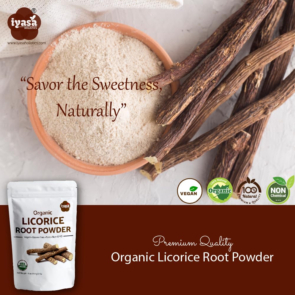 Iyasa Holistics organic packaging shows USDA-certified licorice powder.