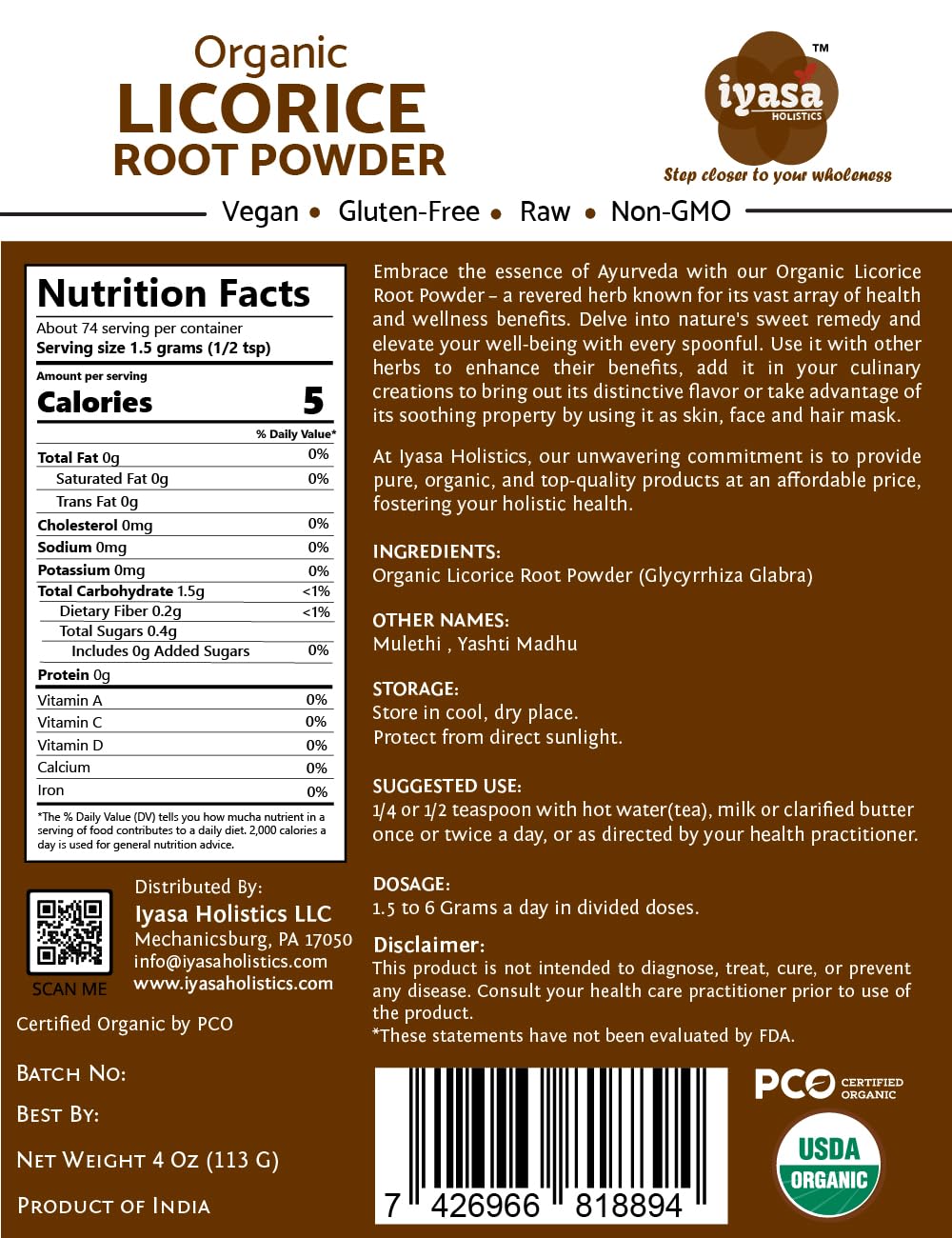 Iyasa Holistics licorice root powder scoop ready for measuring.