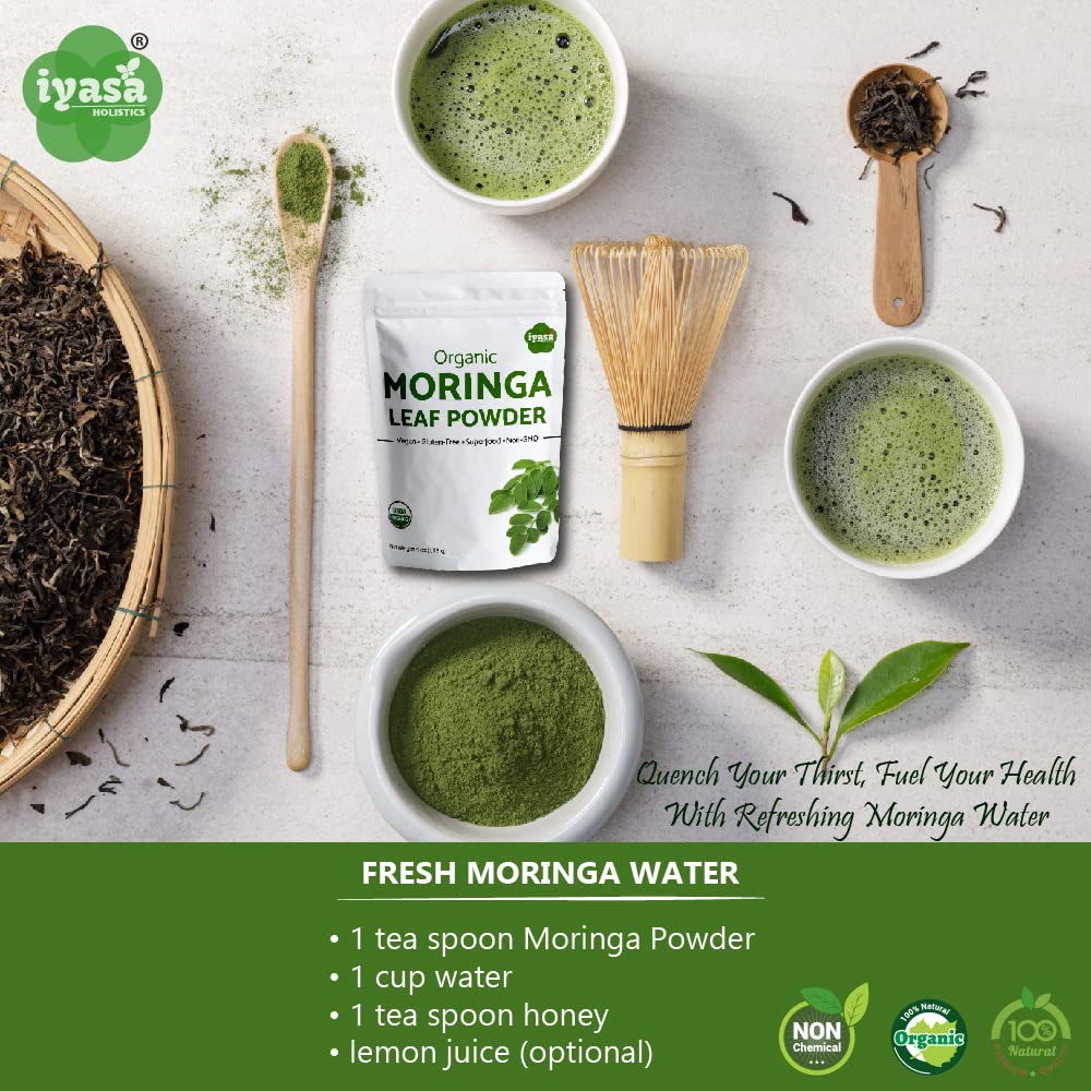 Iyasa Holistics moringa powder jar label shows USDA organic certification.