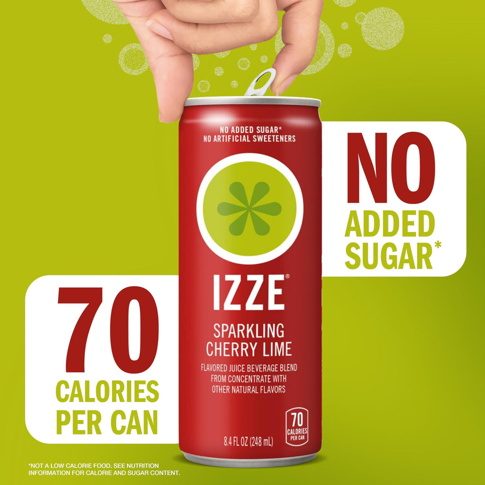IZZE Cherry Lime label detail focusing on 60% real fruit juice claim.