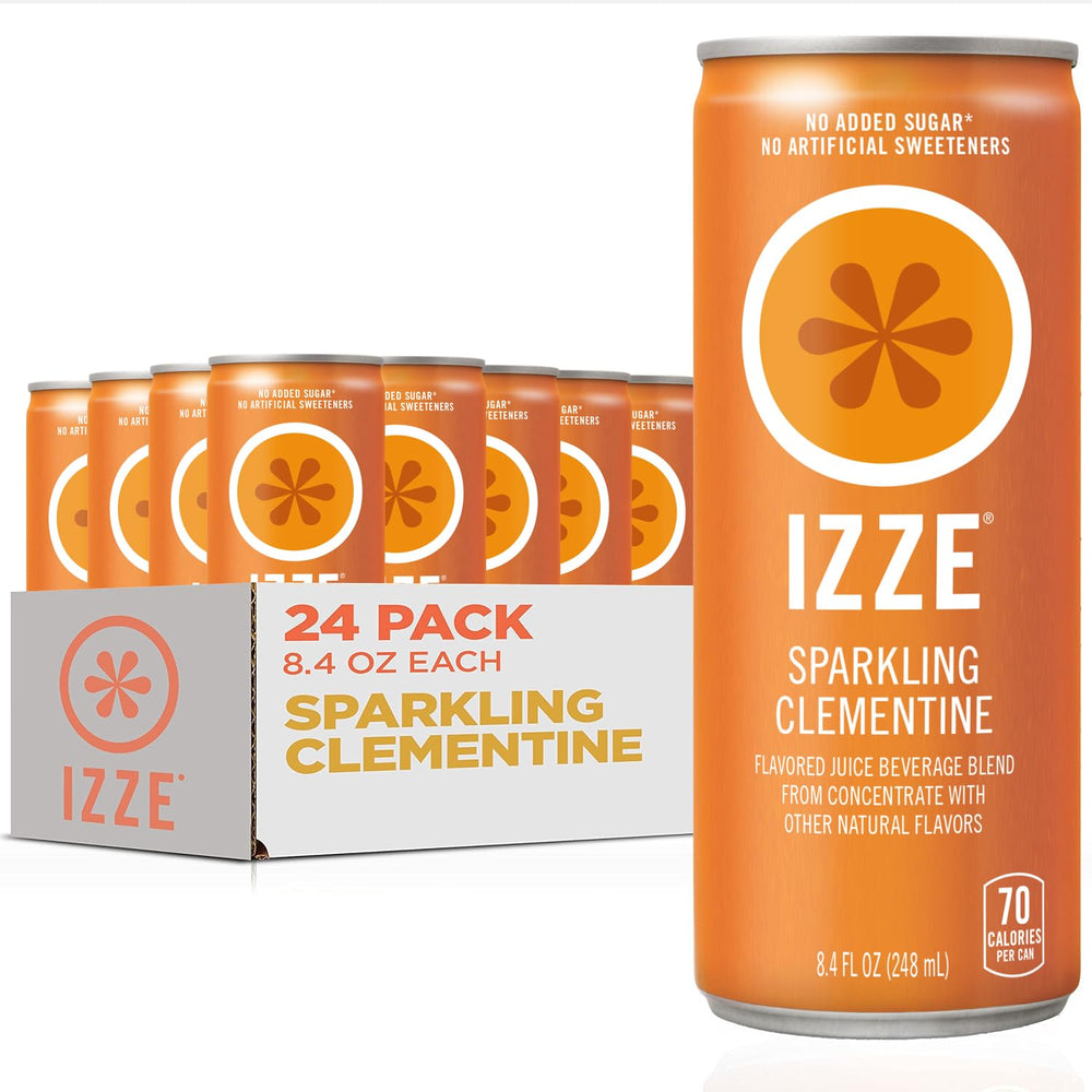 IZZE Clementine sparkling juice can close-up highlighting bold citrus flavor, great for a quick refresh.