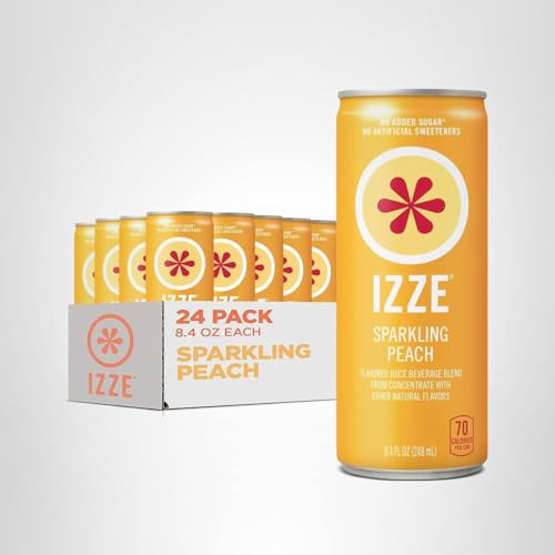 Sliced peaches beside an IZZE Peach can for presentation
