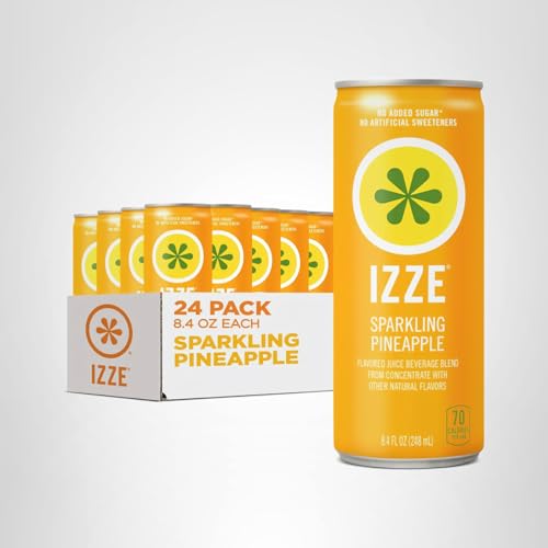 IZZE Pineapple Sparkling Juice on a sunlit table.