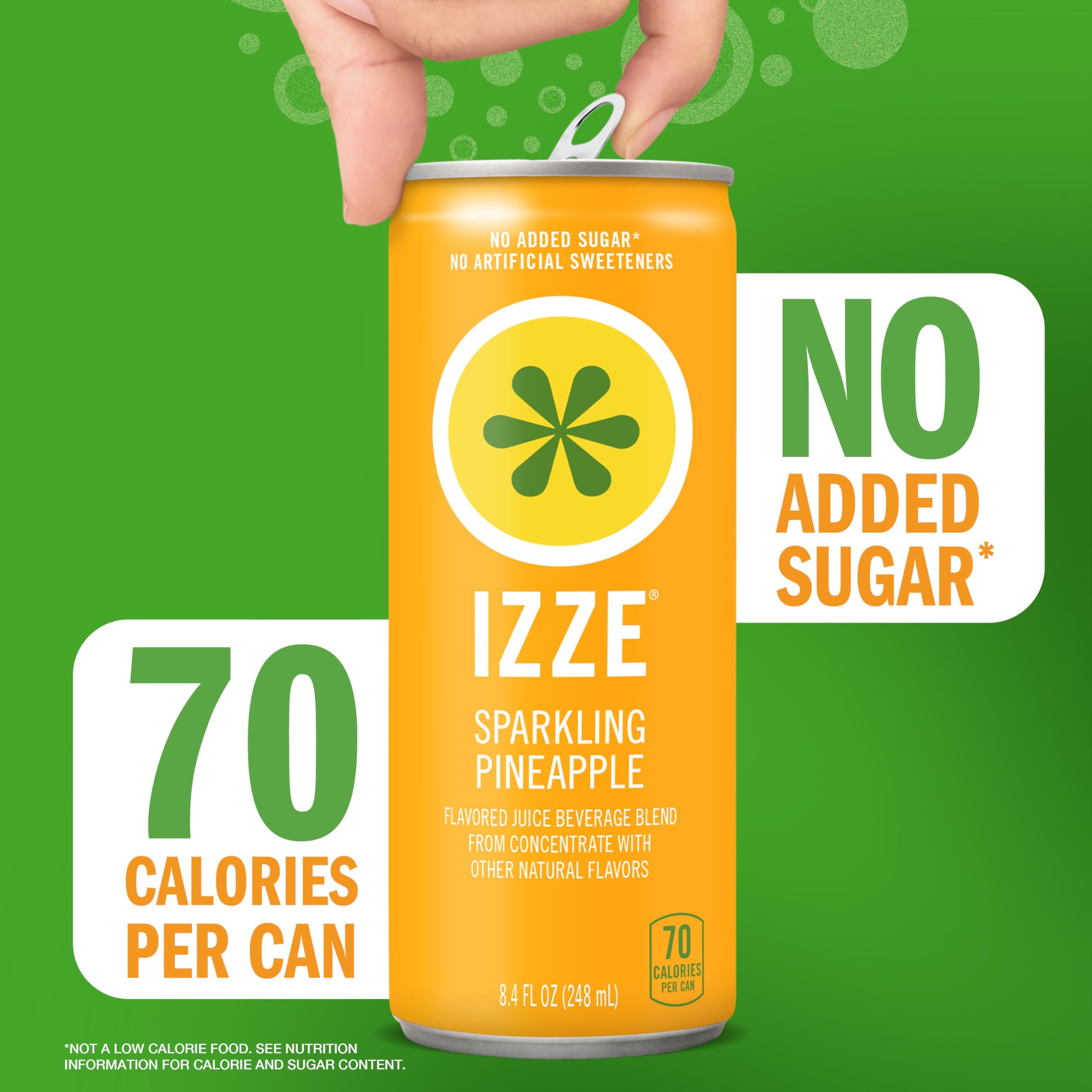 Real fruit juice badge on can, natural flavor.
