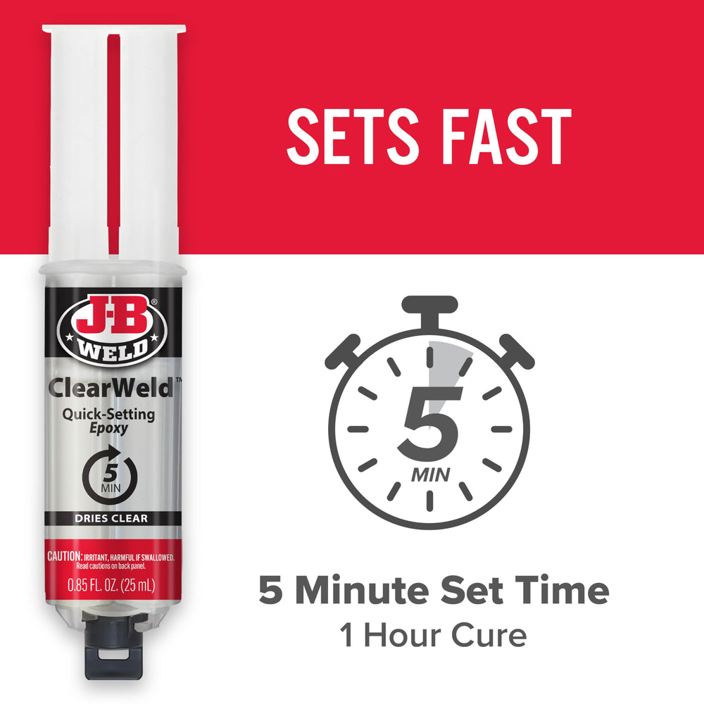 ClearWeld sets in five minutes for fast metal and plastic repairs.