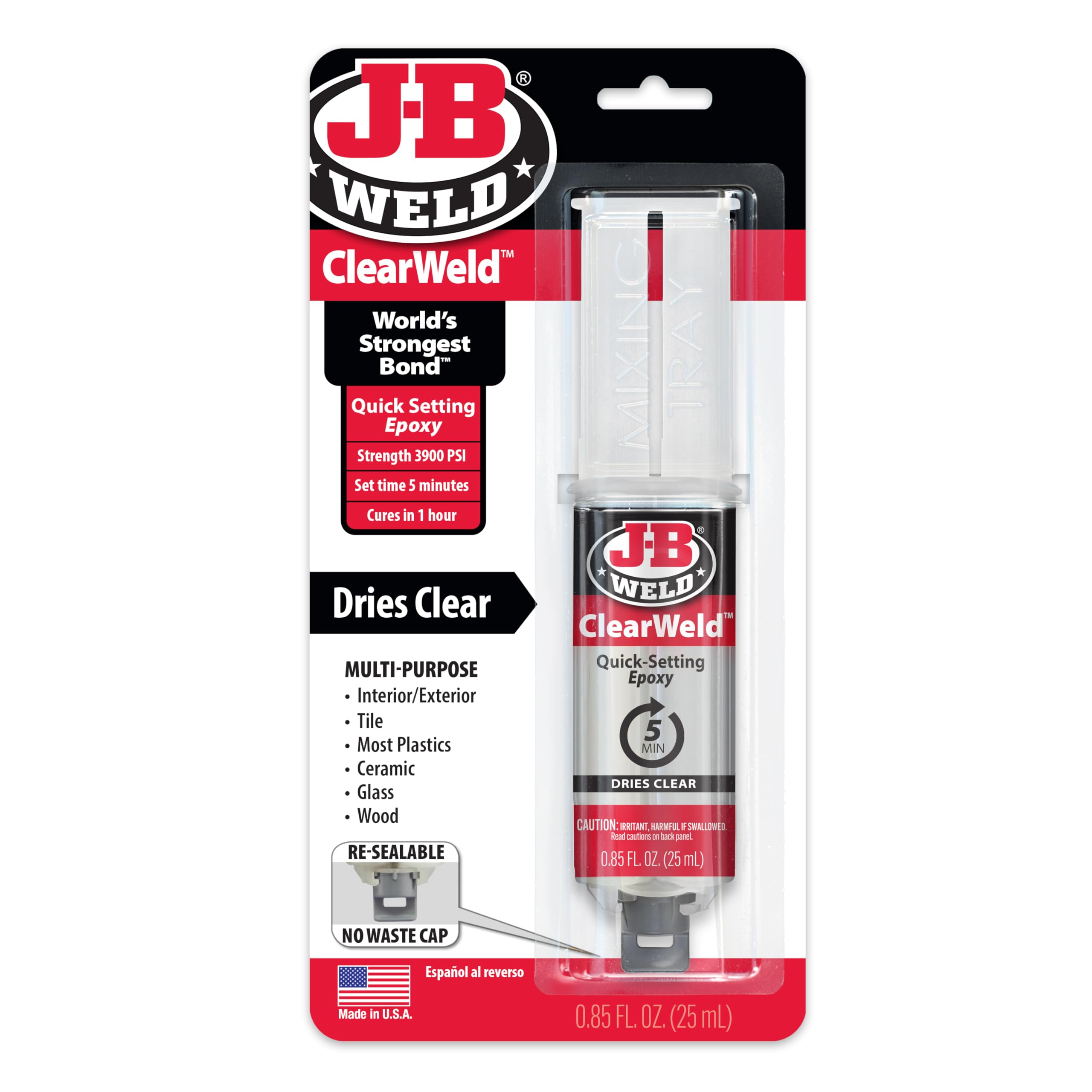J-B Weld ClearWeld syringe for precise 1:1 mixing and quick application.