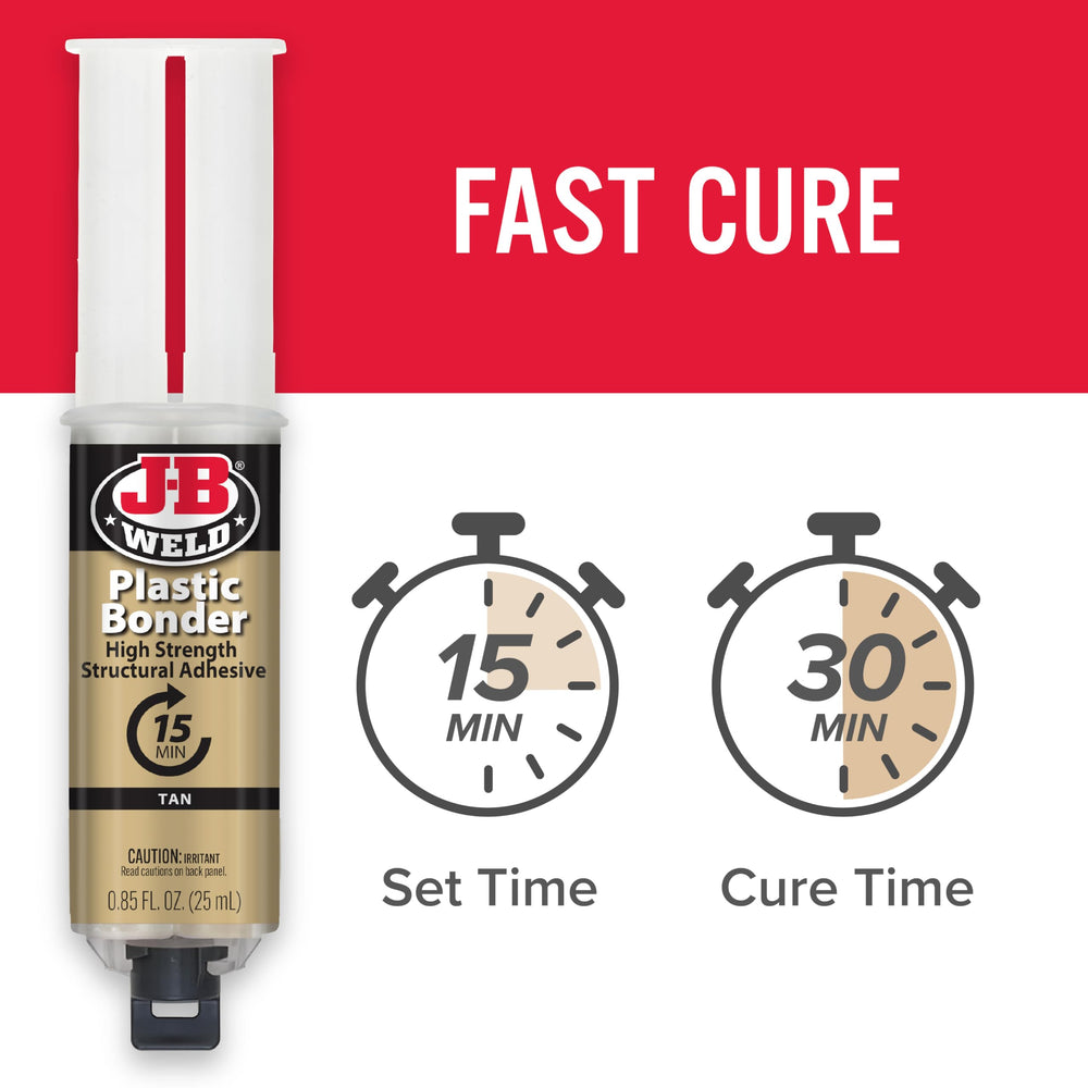 J-B Weld Plastic Bonder sets in 15 minutes for fast fixes.