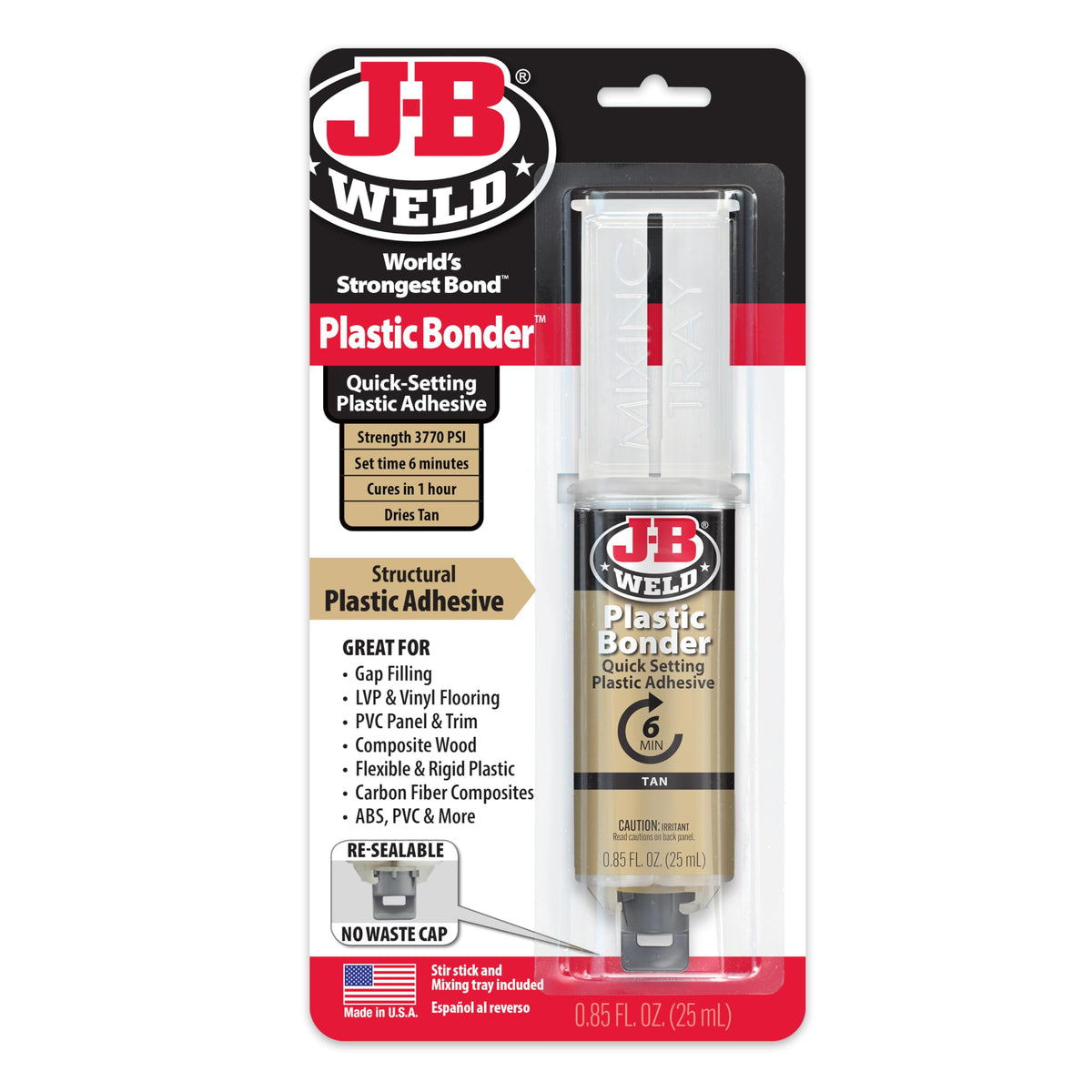 J-B Weld Plastic Bonder tan syringe enables precise bonding on plastics.