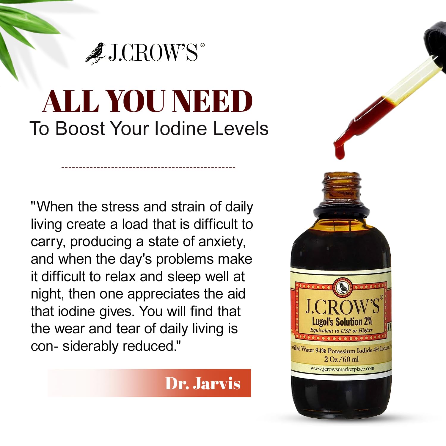 Two-bottle packaging of J.CROW'S Lugol's for travel storage