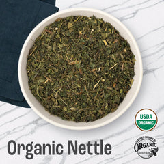 J Mac Botanicals dried nettle leaves ready to steep into tea.