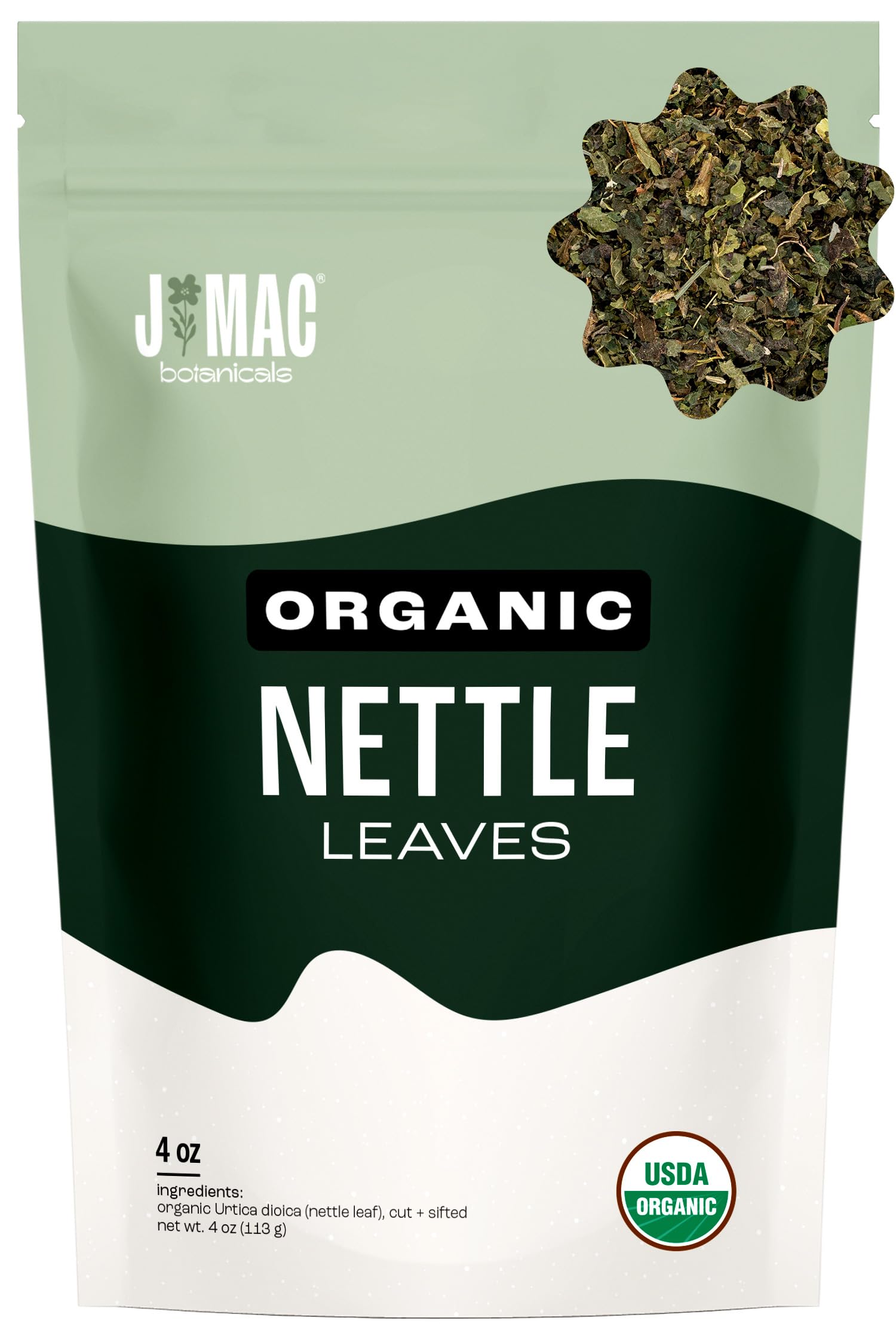 J Mac Botanicals nettle leaf tea packaging in a resealable bag for freshness.