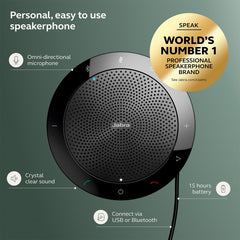 Jabra Speak 510 shows USB and Bluetooth connectivity for flexible setup