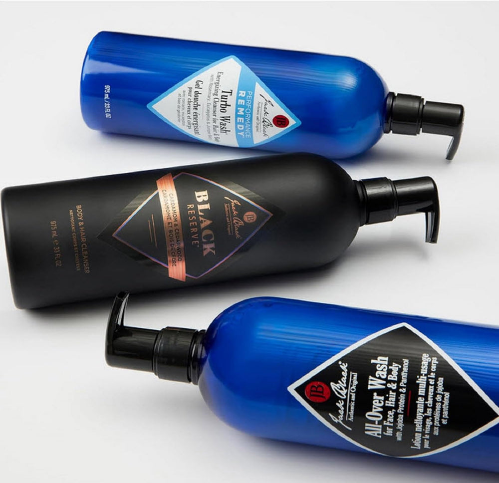 Jack Black All Over Wash 33 oz bottle on bathroom shelf.
