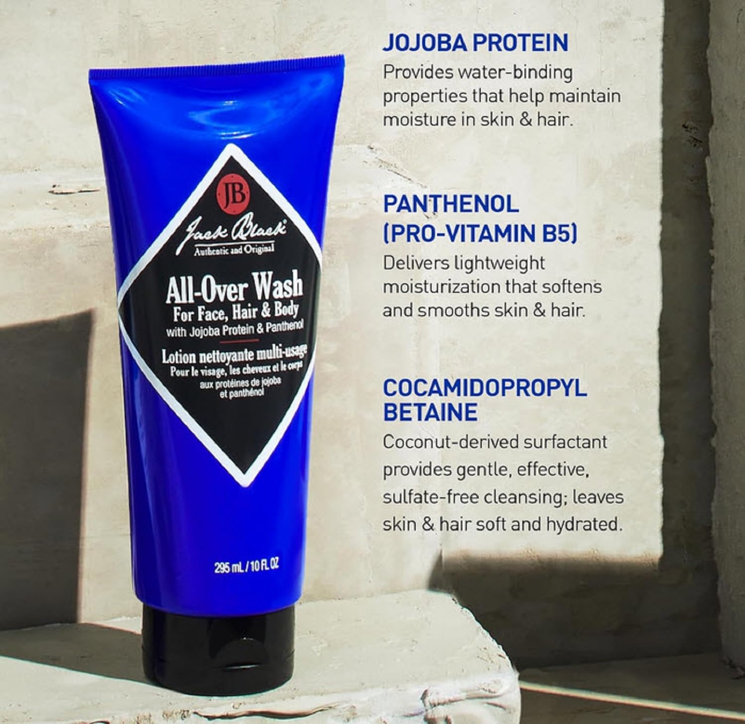 Jack Black All Over Wash ingredients highlight sea kelp and olive oil extracts.