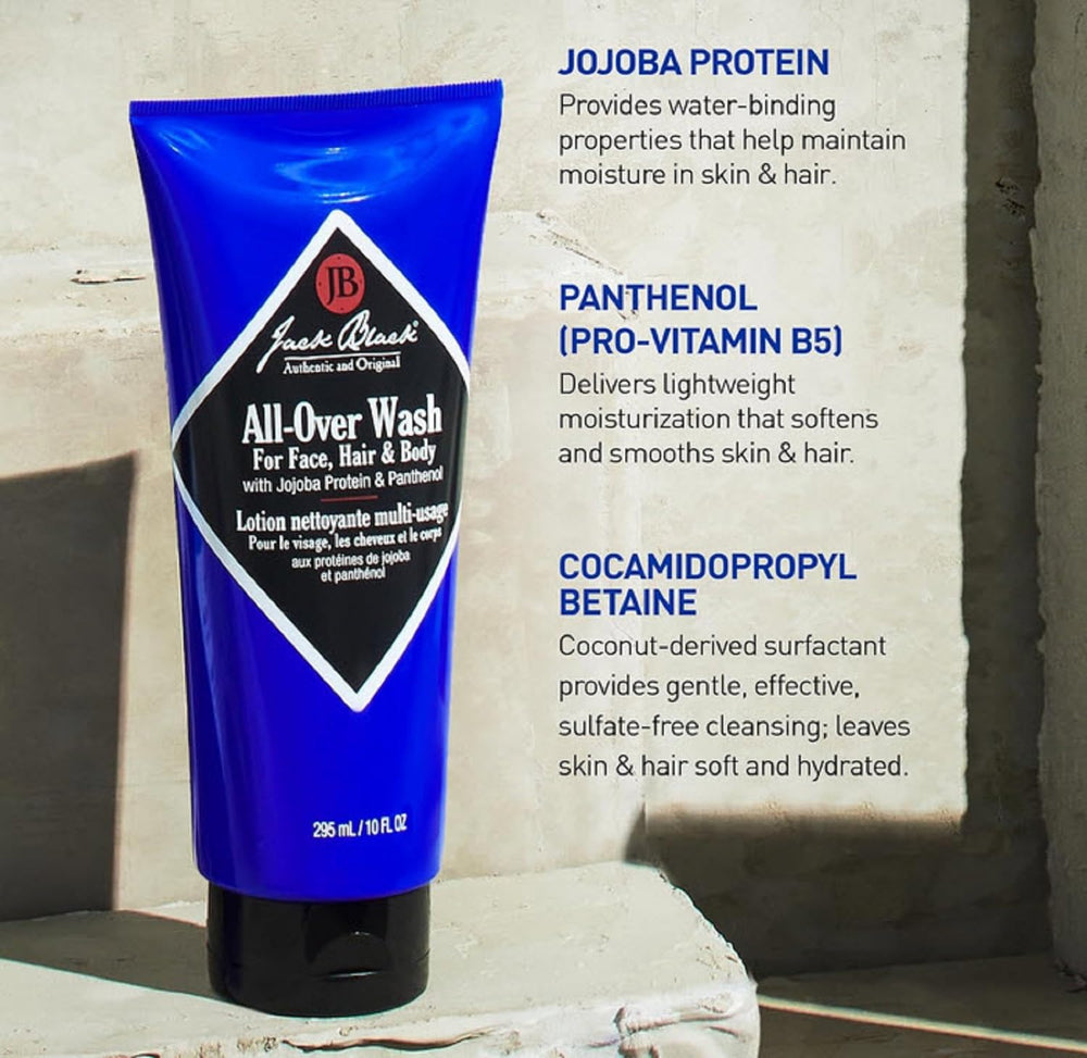 Jack Black All Over Wash ingredients highlight sea kelp and olive oil extracts.