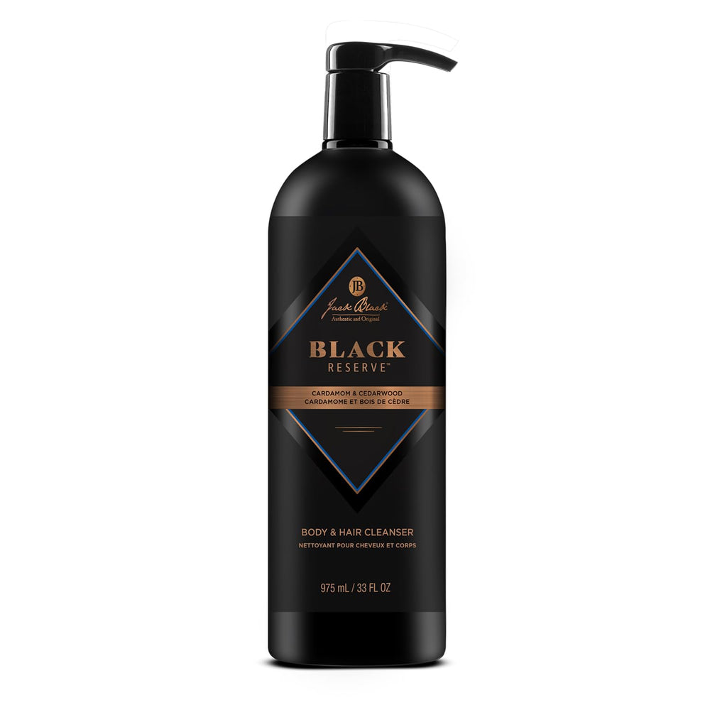 Jack Black Black Reserve bottle front highlighting cardamom and cedarwood aroma for everyday use.