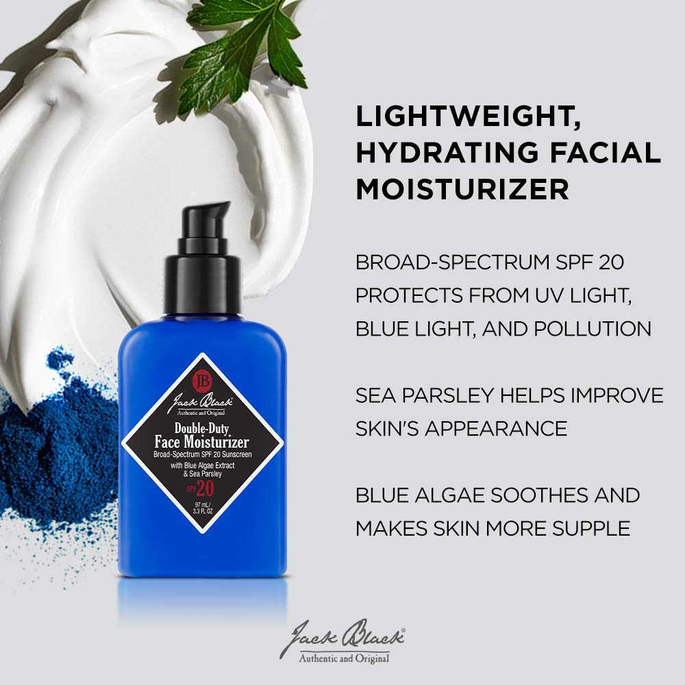 Jack Black Double-Duty Face Moisturizer SPF 20 bottle back showing hydrating ingredients
