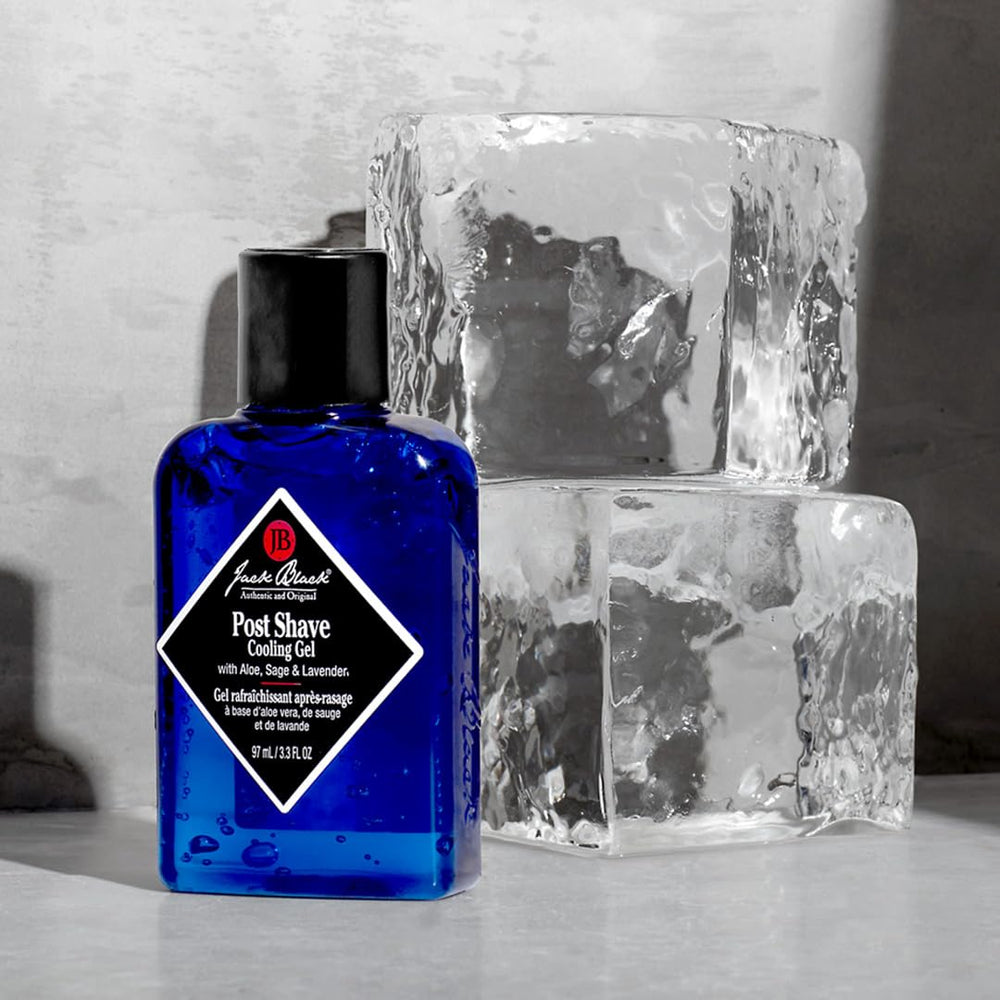 Jack Black Post Shave Cooling Gel texture swirl showing lightweight hydration after shaving.