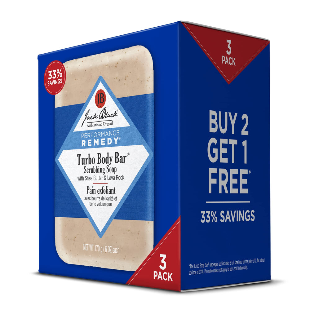 Jack Black Turbo Body Bar Scrubbing Soap in packaging showing triple-pack for convenient cleansing