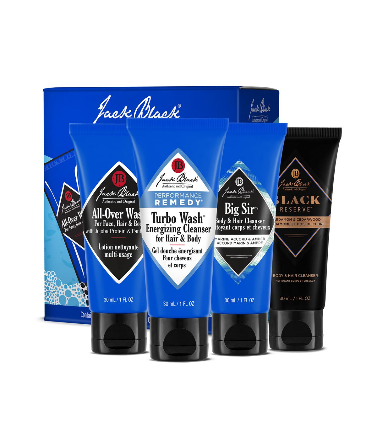 Jack Black Variety Kit travel-size bottles for on-the-go cleansing.