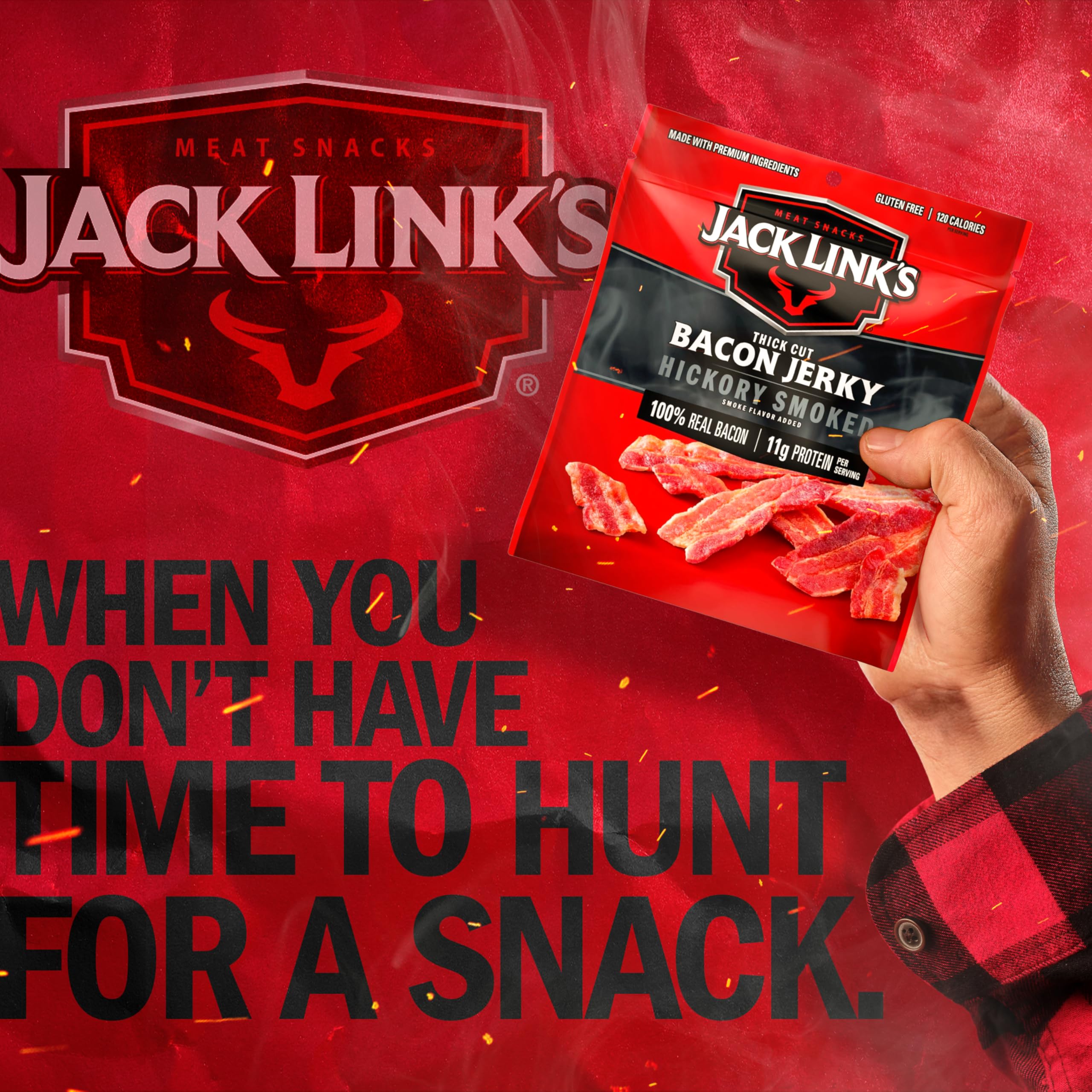Jack Link's Bacon Jerky Hunting and outdoor snack—satisfying bite.