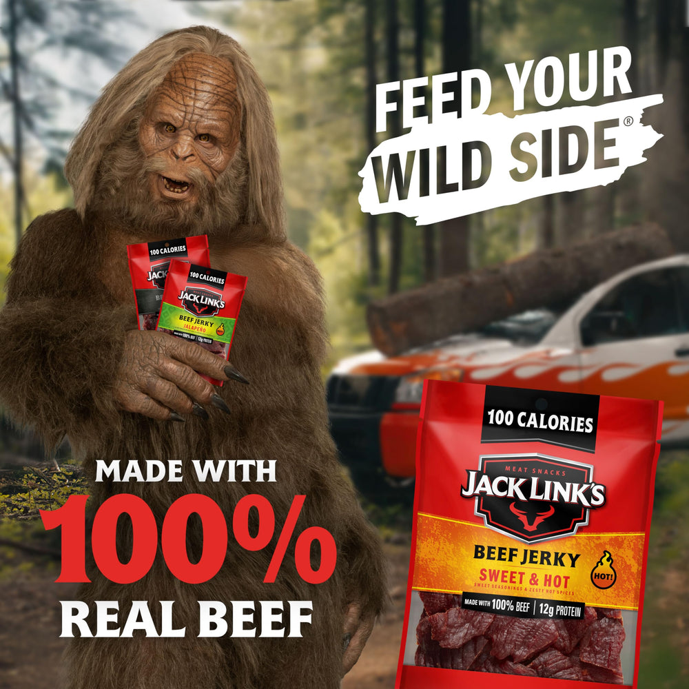 Jack Link's Peppered beef jerky bag with savory aroma and chewy texture.