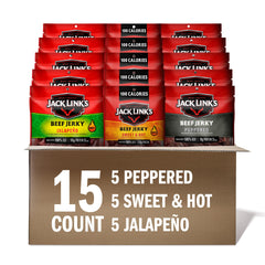 Jack Link's Sweet & Hot beef jerky in a 1.25 oz bag, portable protein for snacking.