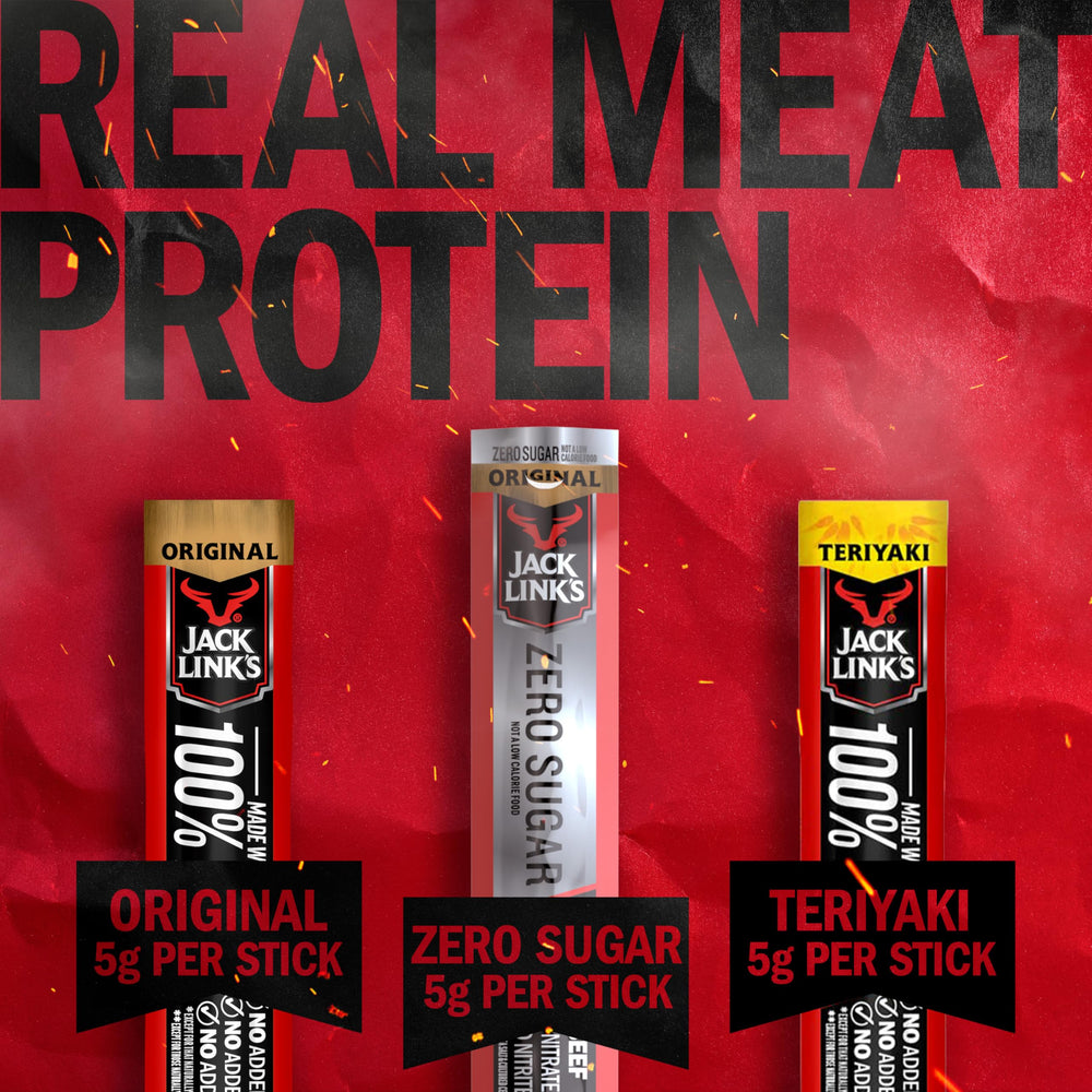 Jack Link's Beef Sticks Zero Sugar Pack—savory snack with fewer carbs for mid-day energy.