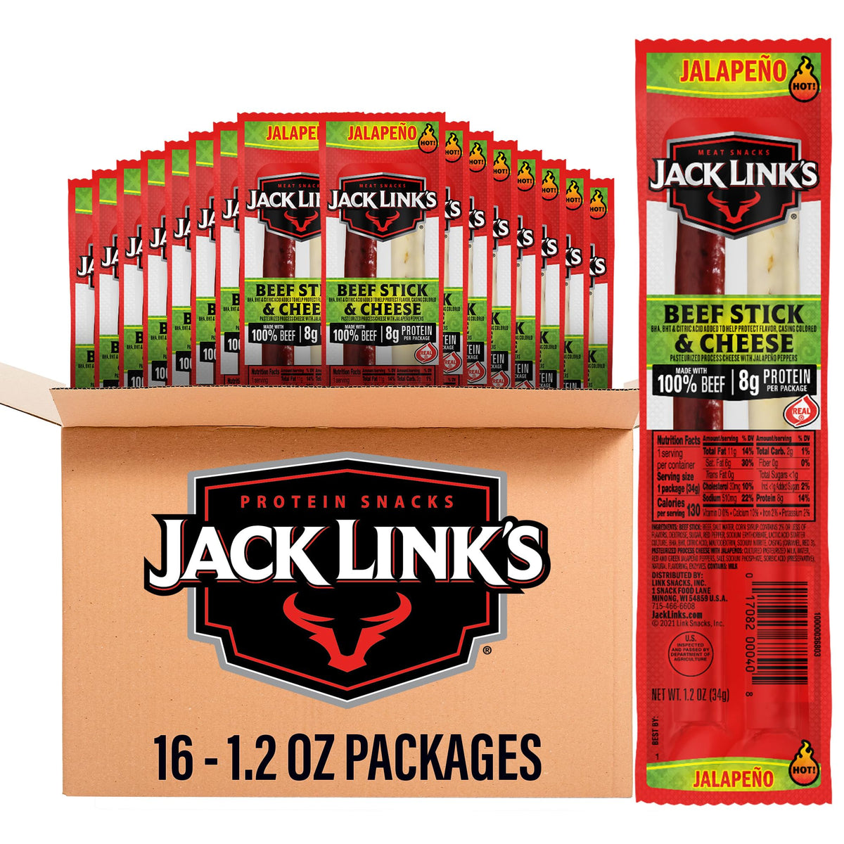 Jack Link's jalapeno beef sticks in 1.2 oz packs for on-the-go snacking.