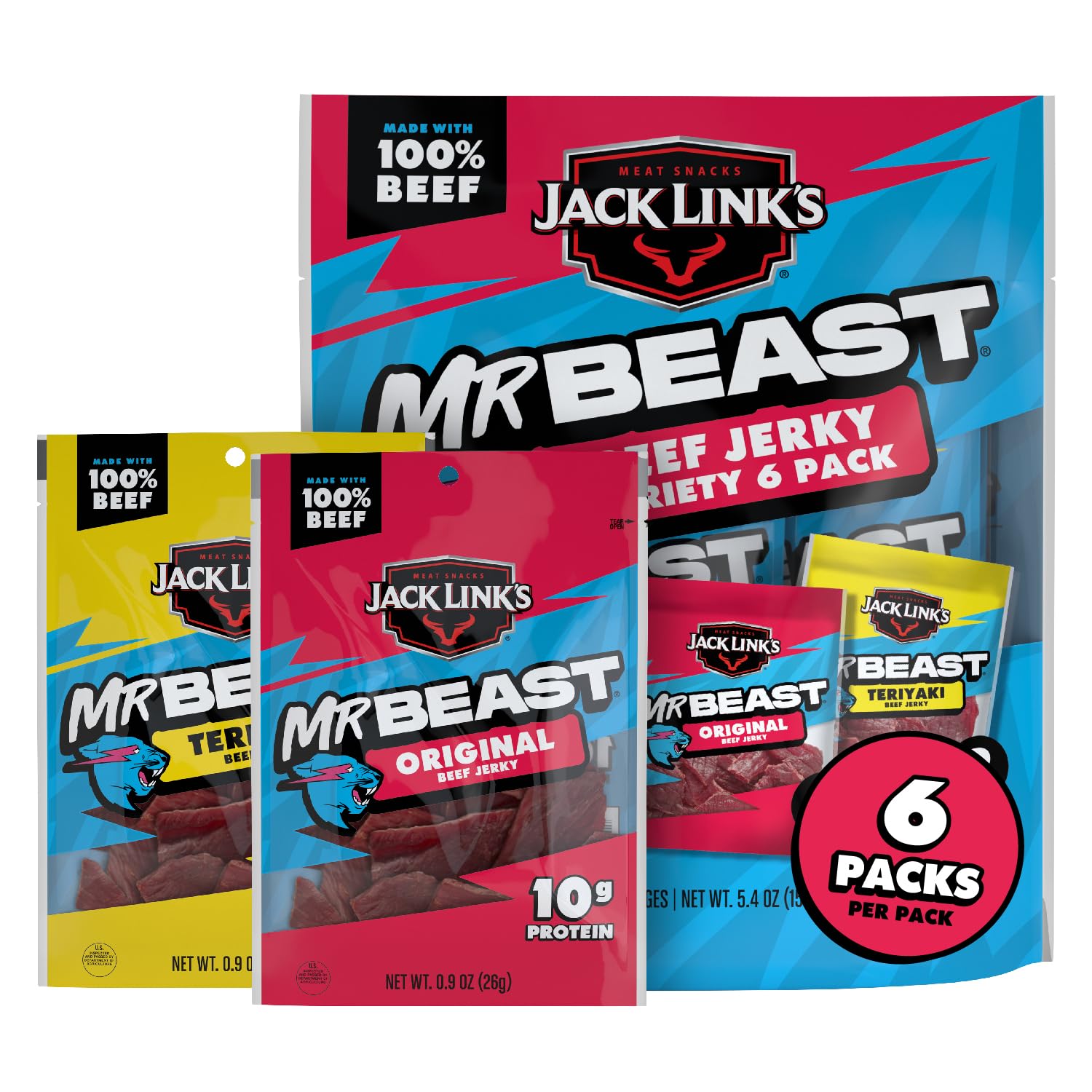 Jack Link's MrBeast original beef jerky bag highlights high protein for on-the-go.