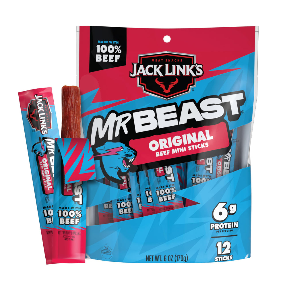 Jack Link’s MrBeast Original Mini Beef Sticks on pantry shelf offering a protein-packed snack.