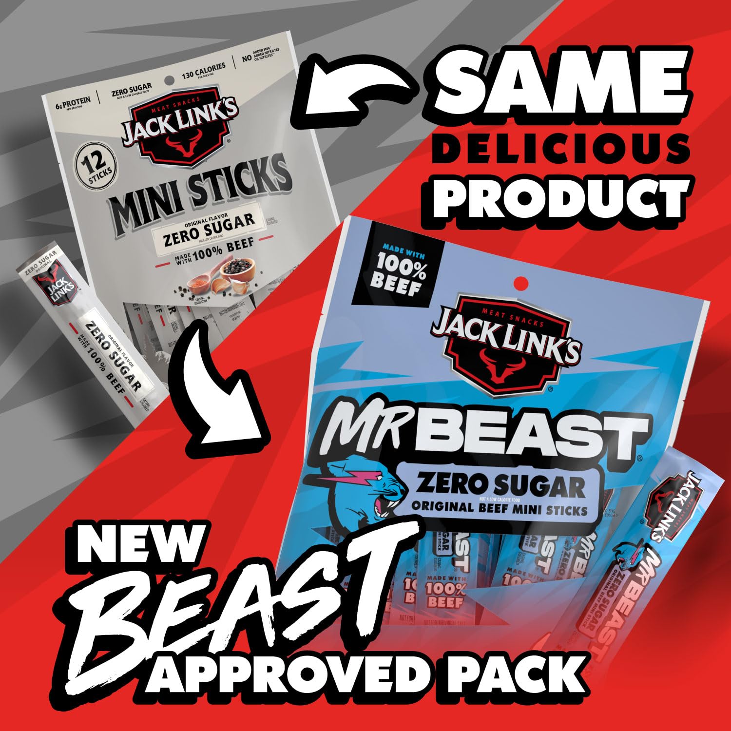 Closeup of 100% real beef in Jack Links MrBeast sticks, protein-forward snack