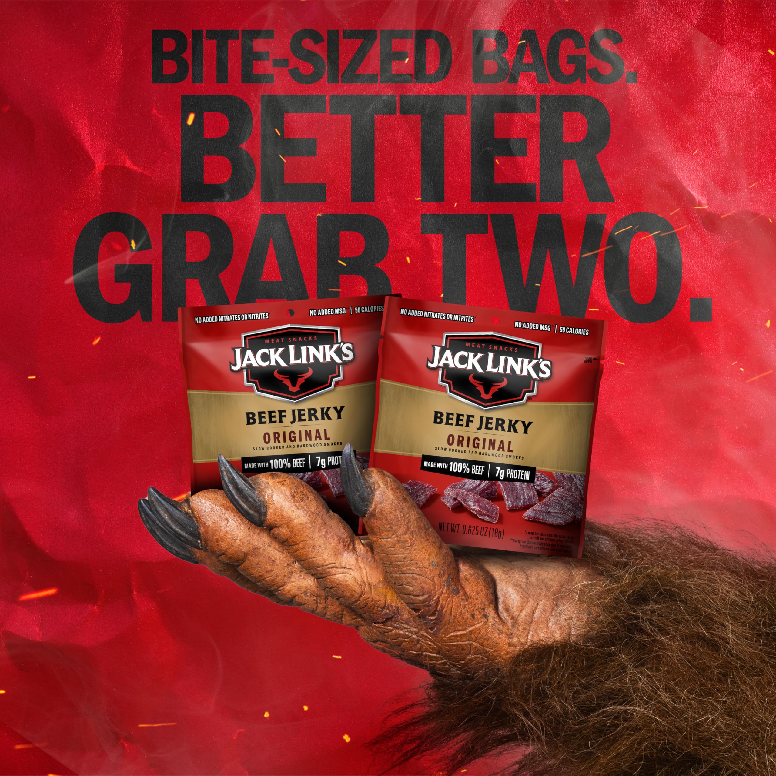 Jack Link's Original Beef Jerky hardwood-smoked seasoning detail on jerky.