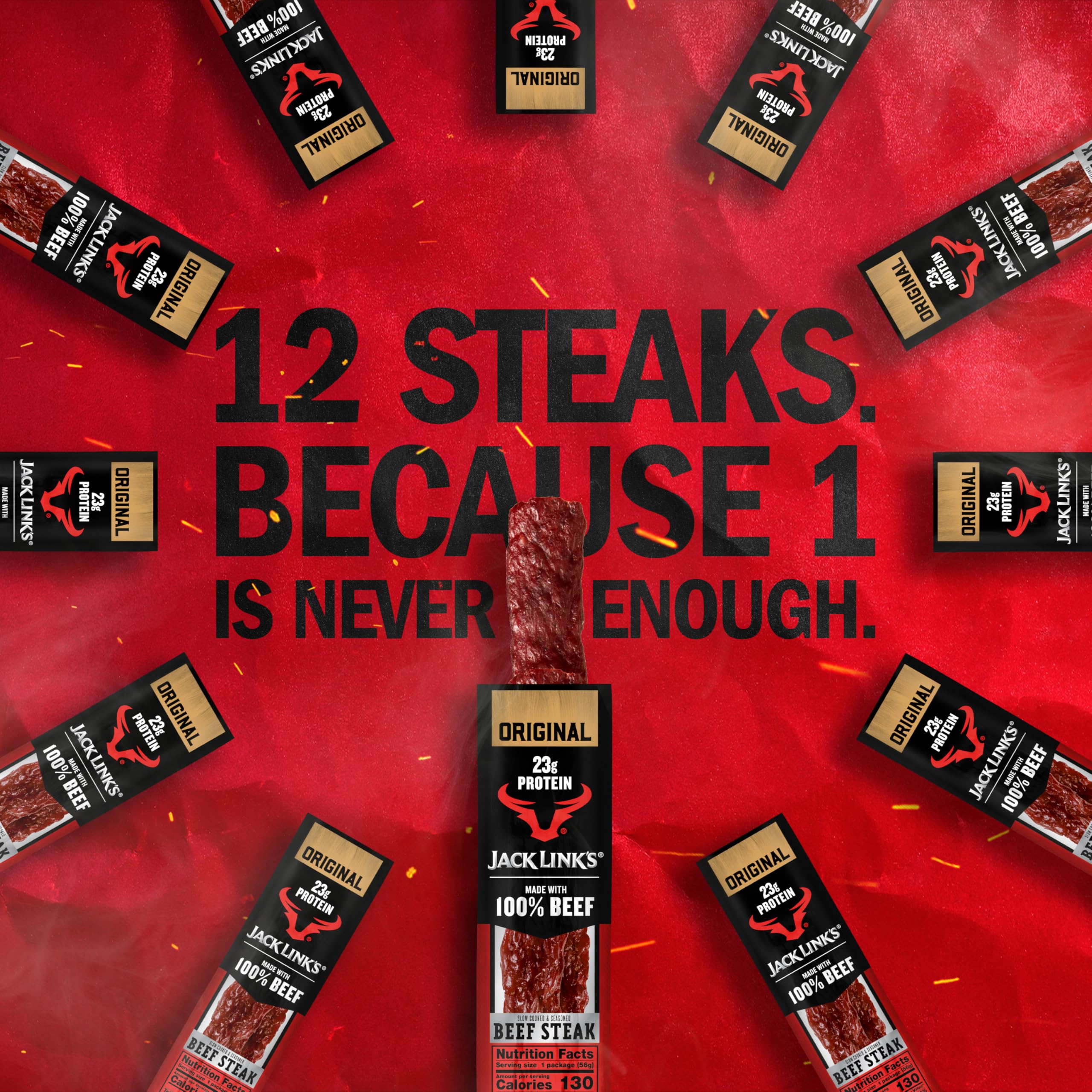 12-pack display of Jack Link's Beef Steak Original in a pantry for easy access.