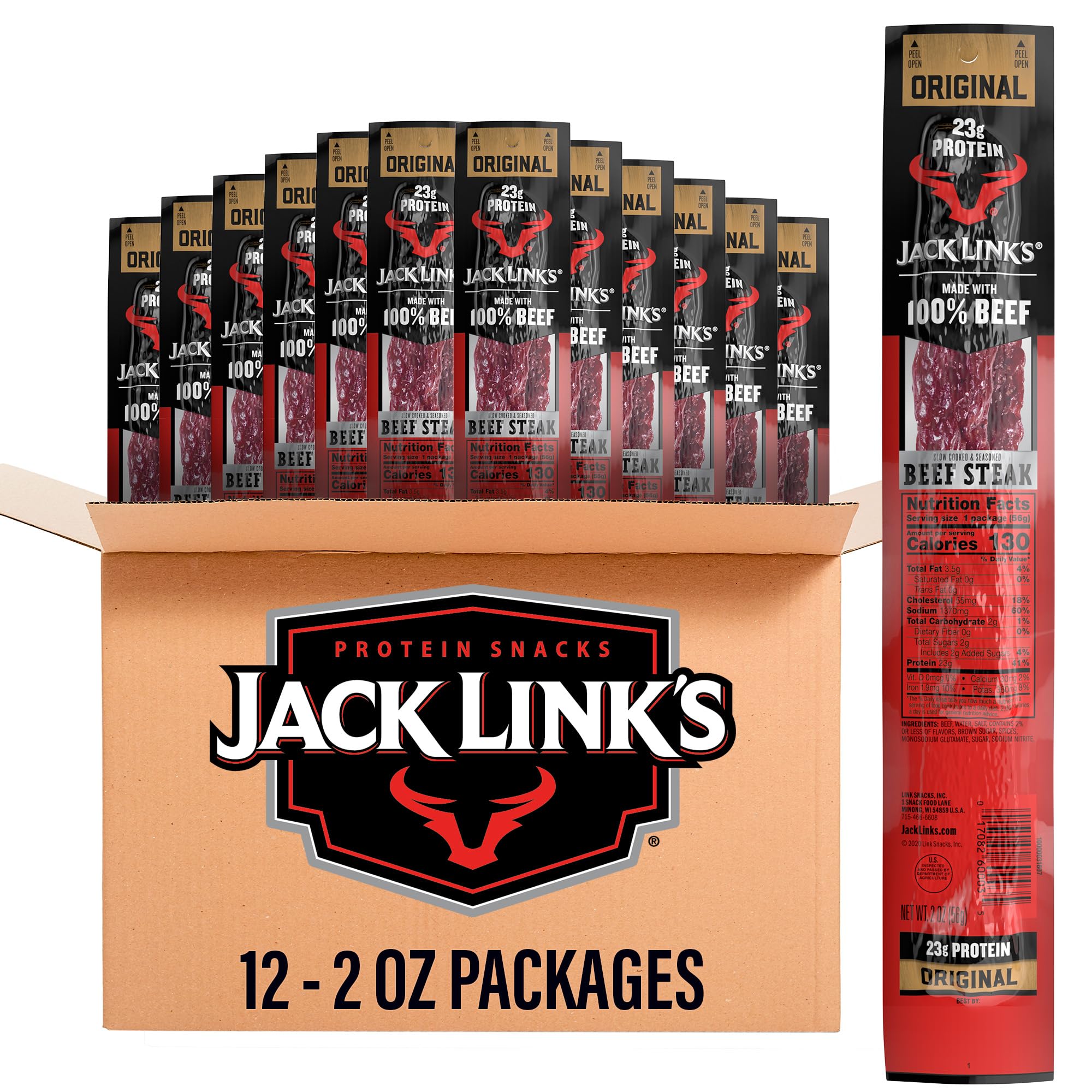 Jack Link's Beef Steak Original packaging in a 12-pack, ideal for meals on the go.