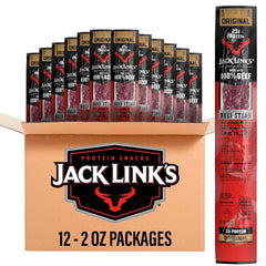 Jack Link's Beef Steak Original packaging in a 12-pack, ideal for meals on the go.